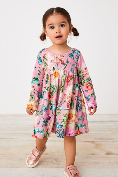|BabyGirl| Vestido Jersey de Manga Longa Floral - Rosa (3meses-7anos)