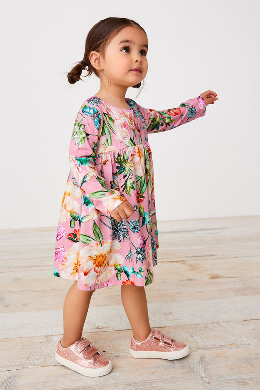 |Niña| Vestido de punto de manga larga con estampado floral - Rosa (3 meses-7 años)