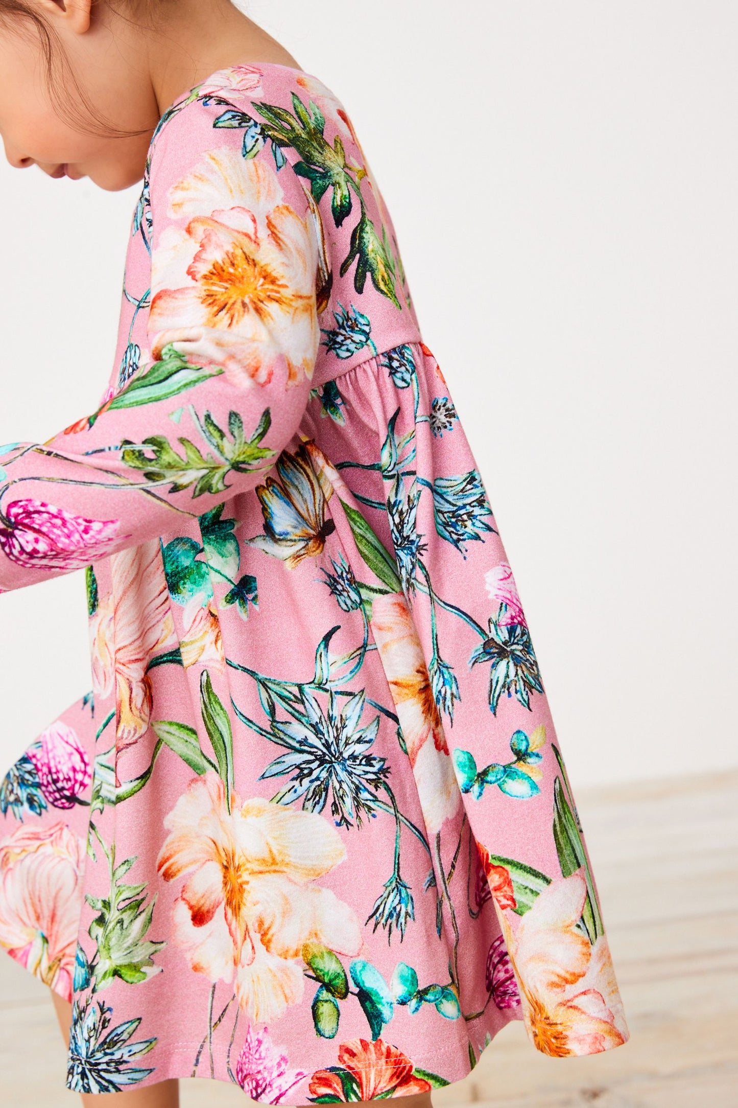 |BabyGirl| Vestido Jersey de Manga Longa Floral - Rosa (3meses-7anos)