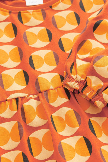 |BabyGirl| Vestido Estampa Camadas Formas - Laranja - (3meses-7anos)