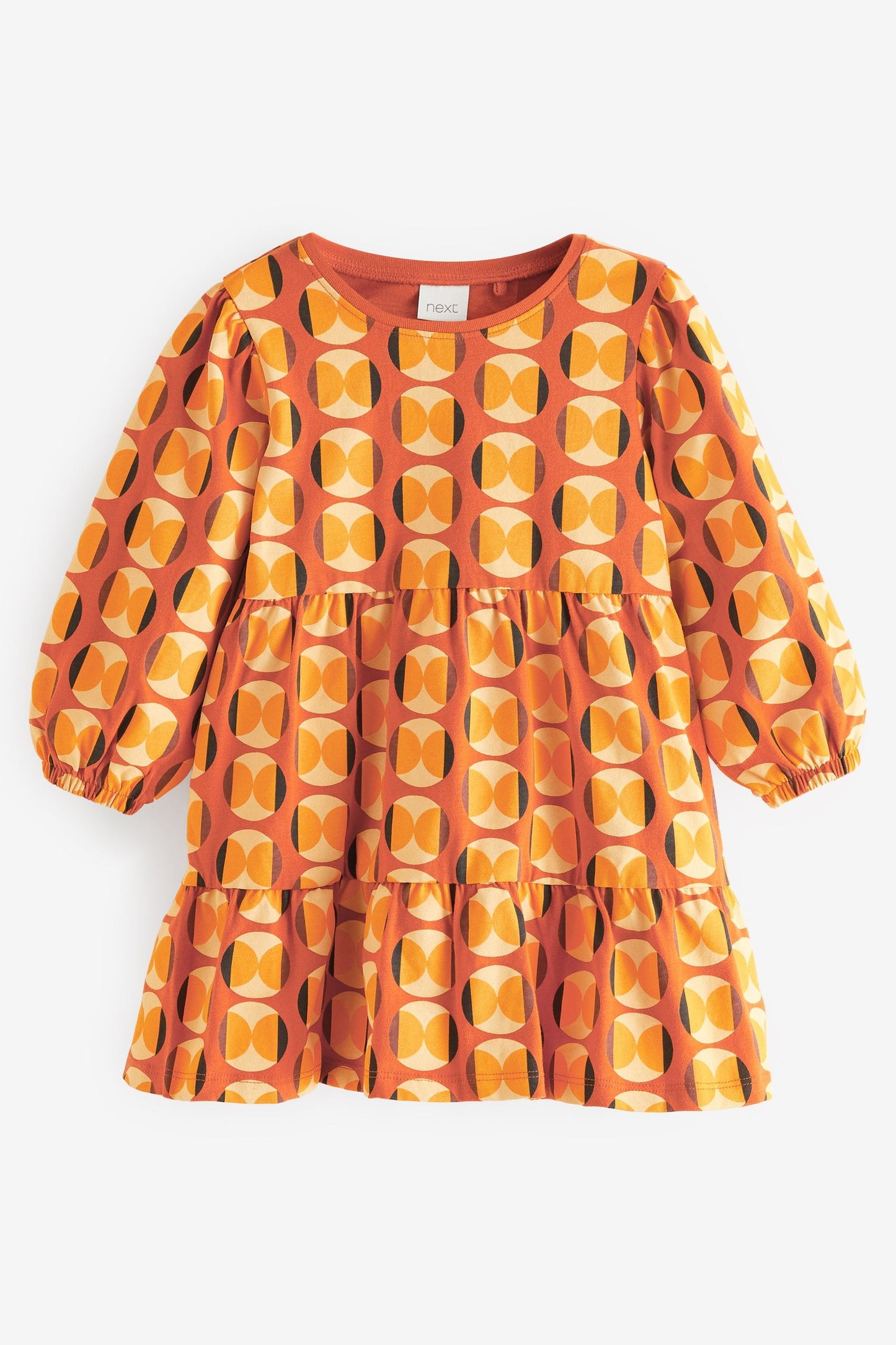 |BabyGirl| Vestido Estampa Camadas Formas - Laranja - (3meses-7anos)