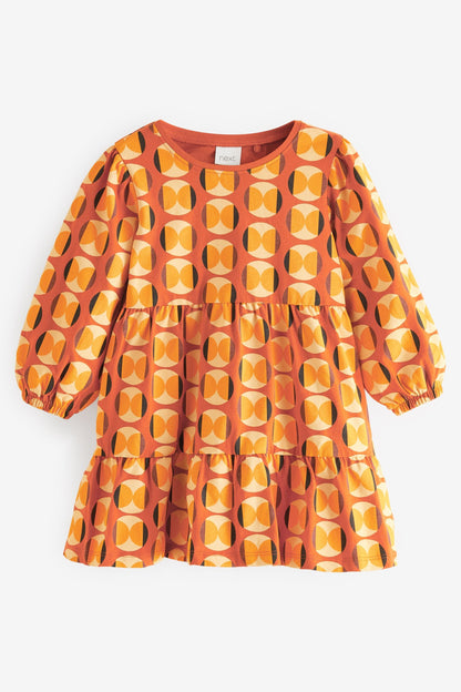 |BabyGirl| Vestido Estampa Camadas Formas - Laranja - (3meses-7anos)
