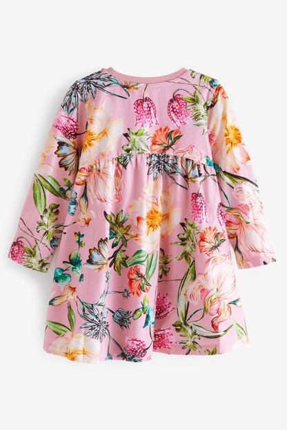|BabyGirl| Vestido Jersey de Manga Longa Floral - Rosa (3meses-7anos)