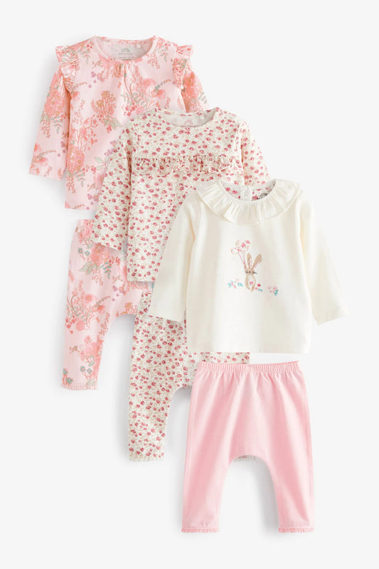 |BabyGirl| Conjunto Camiseta e Leggings - Kit 6 peças - Rosa Floral (0meses-2anos)