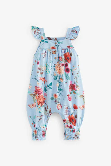 |BabyGirl| Macacão de Ombro Com Folhos Para Bebê-Blue Floral (0 meses a 3 anos)