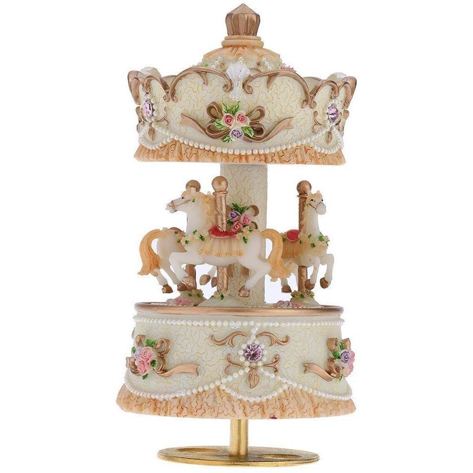 Laxury Windup 3-horse Carousel Music Box (col1) Anne Claire Baby Store Gold 
