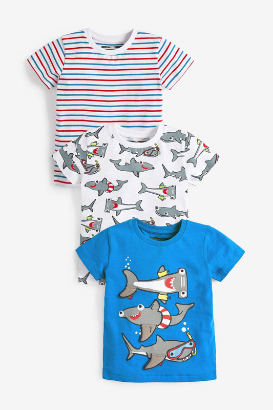 Playful - Camisetas Tubarões/ Azul / Branco - Kit com 3 ROUPA Meninos 