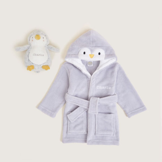 Conjunto personalizado de roupão de pinguim e brinquedo de pelúcia
