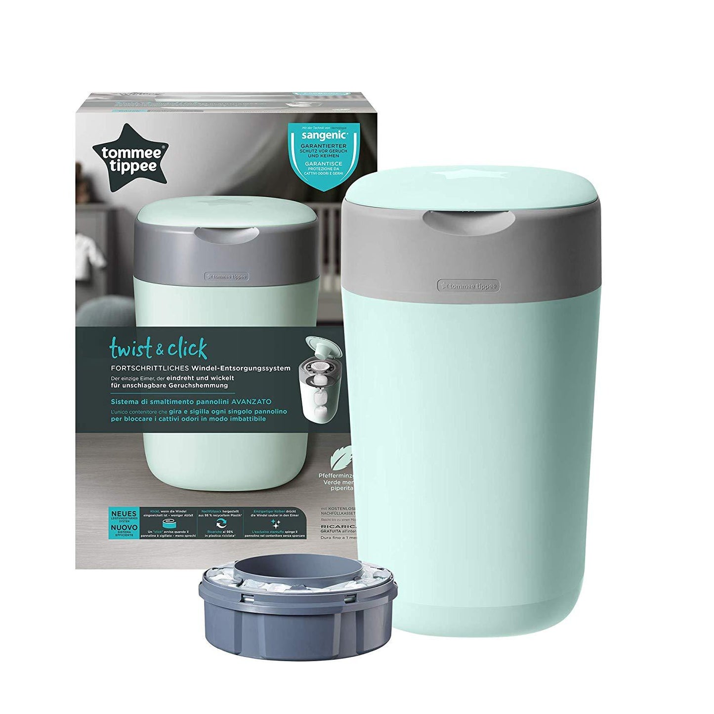 Tommee Tippee Sangenic Lixeira Elimina Odores e Germes Bestseller Anne Claire Baby Store Ltd. NOVO! Twist and Click Verde 