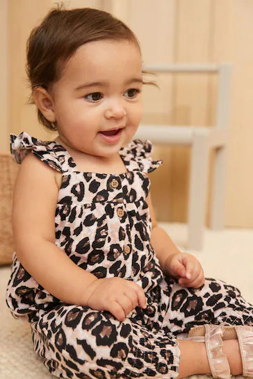 |BabyGirl| Macacão de Ombro Com Folhos Para Bebê-Black/Brown Leopard (0 meses a 3 anos)