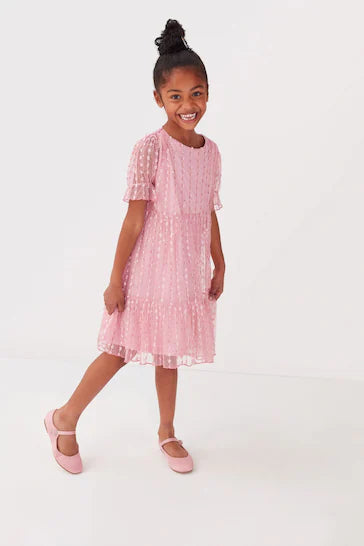|BigGirl| Vestido Rosa em Camadas de Tule com Brilho - (3-16anos)
